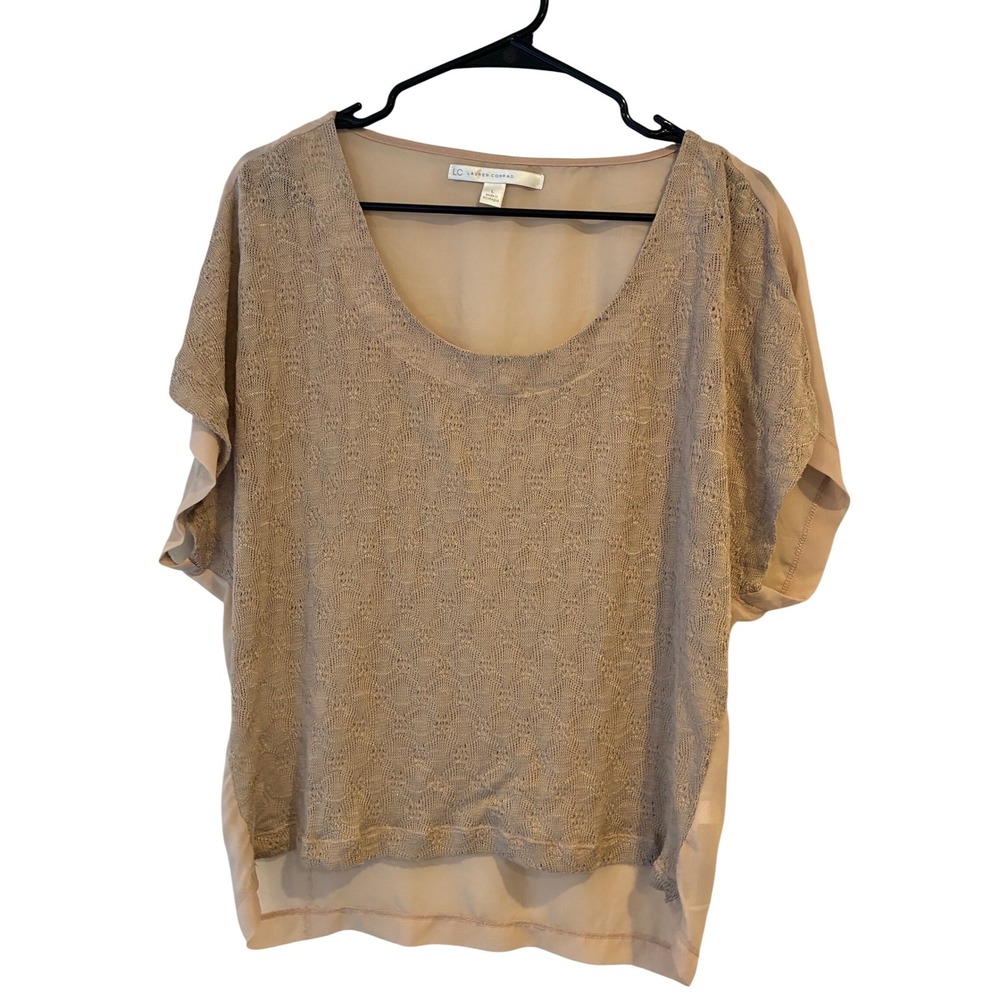 LC Lauren Conrad Womens Large Tan Pointelle Knit‎ Mixed Media Sheer Back Top